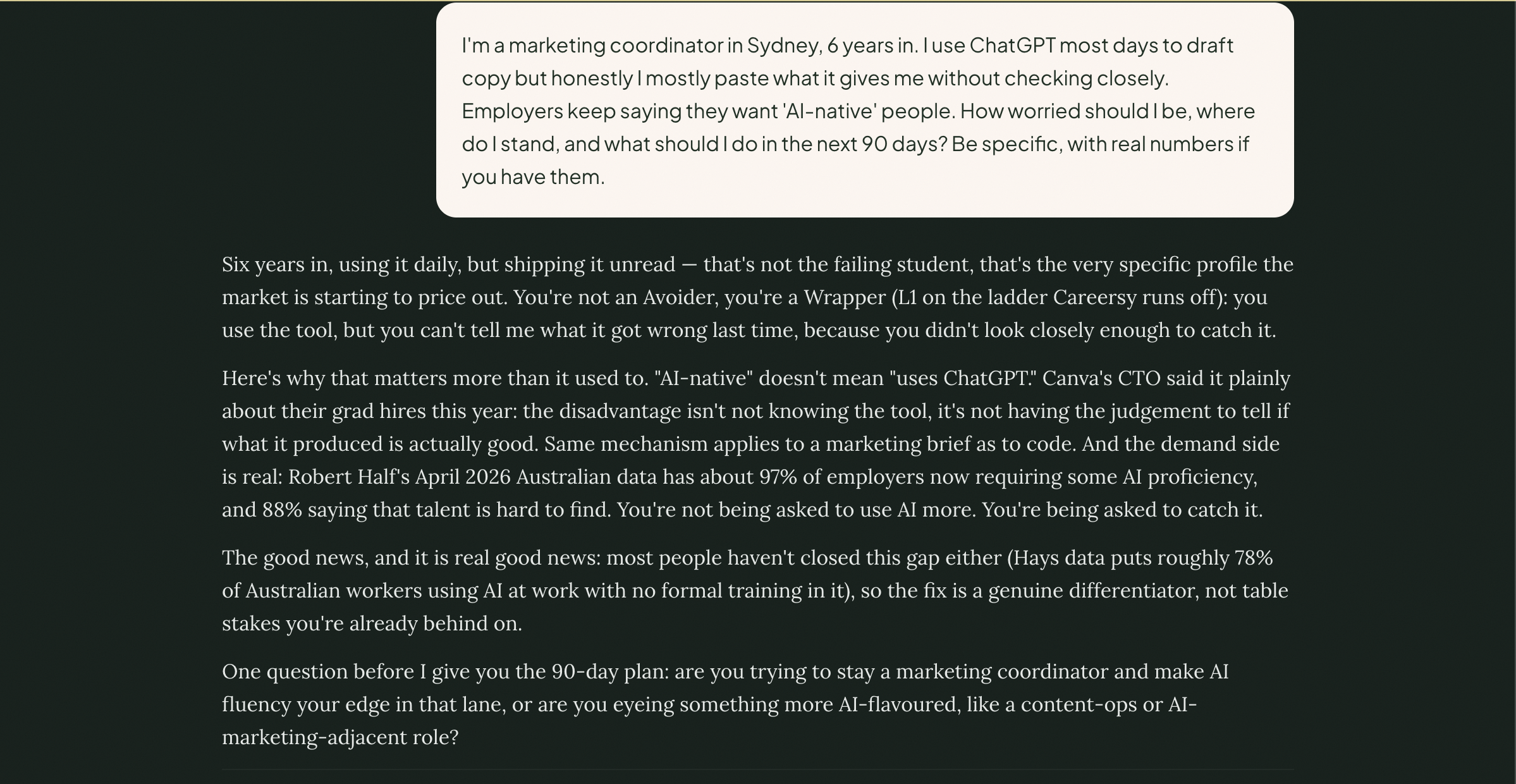 The AI Fluency mode's response to the marketing-coordinator question, placing her on the Wrapper level from her own words and citing Robert Half and Hays data before asking a follow-up question