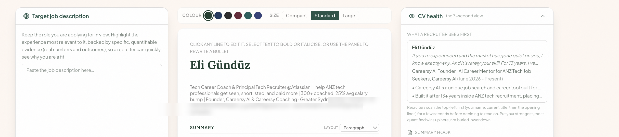 CV Canvas: the per-section Layout picker open on a CV, choosing how each section is laid out.