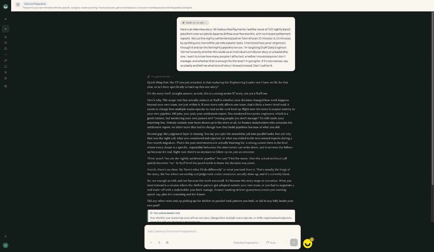Careersy AI reads a made-up pipeline migration story as a strong senior engineer story, not yet a staff-level one, and says nobody outside the team shows up in it