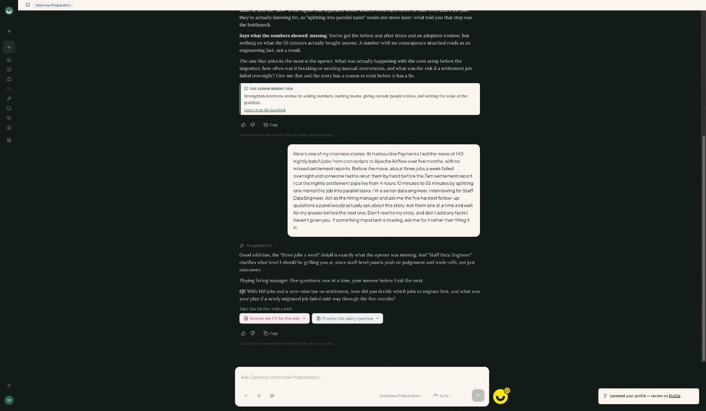 Careersy AI plays the hiring manager and asks the first of five follow-up questions, about which jobs to migrate first and what the plan was if one failed, then waits for an answer