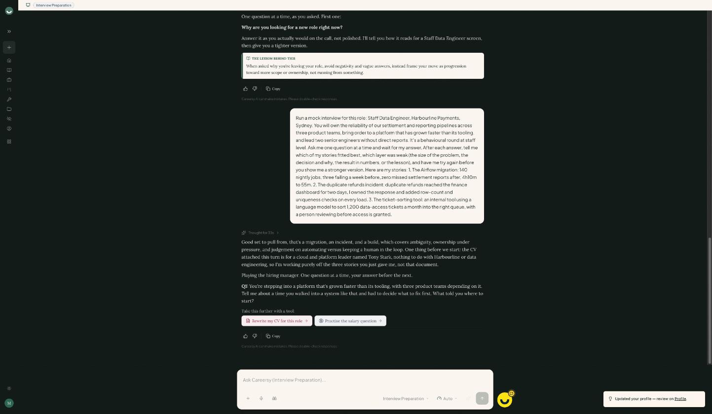 Careersy AI starts a mock round for a made-up staff data engineer role, notes the three stories cover a migration, an incident and a build, and asks the first question