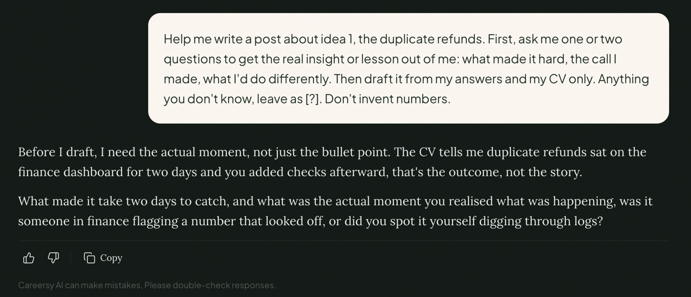 Before drafting, Careersy AI asks what actually happened and how the writer found out