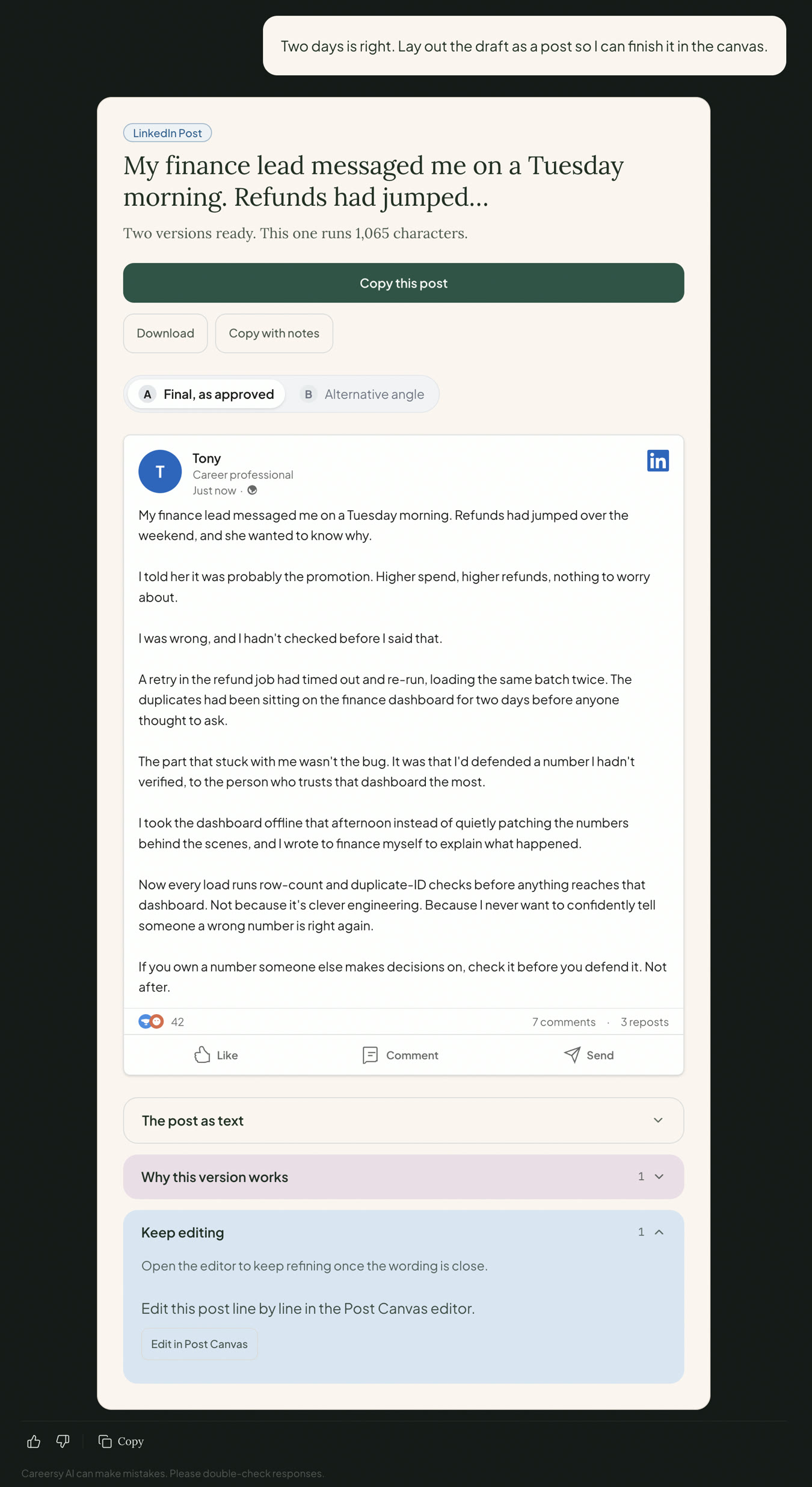 The finished draft laid out as a LinkedIn post card with two versions, a character count and an Edit in Post Canvas button