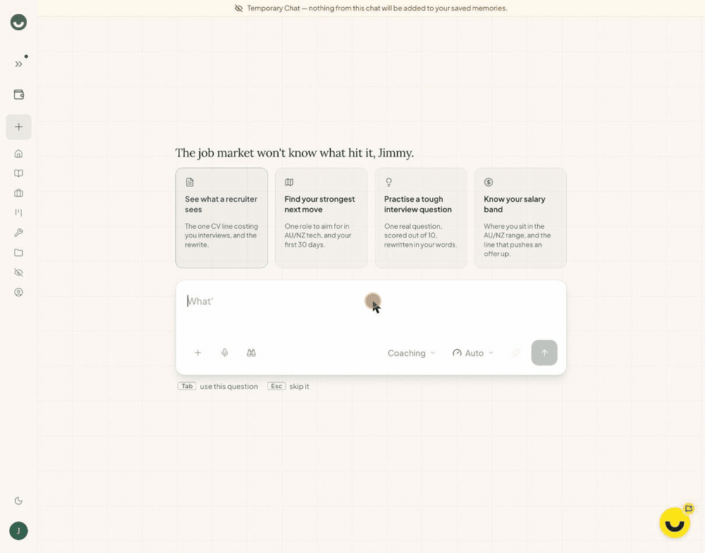Careersy AI reads a made-up final-round timeline. Its most likely read is still deciding, it names the agency recruiter as the detail behind that, and it suggests a check-in today or tomorrow.