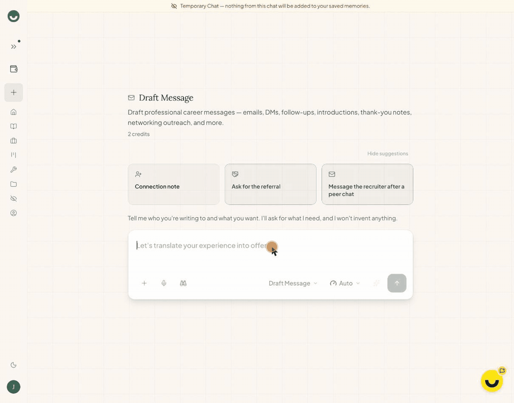 Careersy AI drafts a short thank-you email from three details the candidate typed in, asks the recruiter to pass it to the panel, and leaves the names it wasn't given as placeholders.