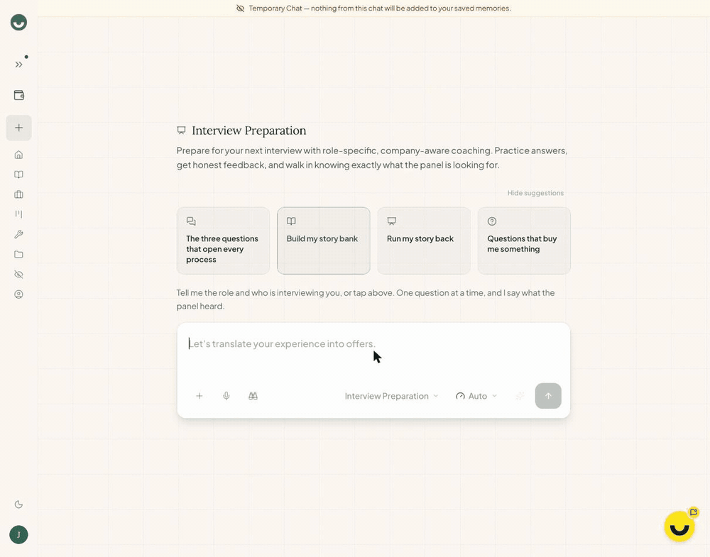 Careersy AI asks three quick context questions, explains what a meeting with the hiring manager's manager tests, then asks the first question, about a technical trade-off, and waits for the answer.