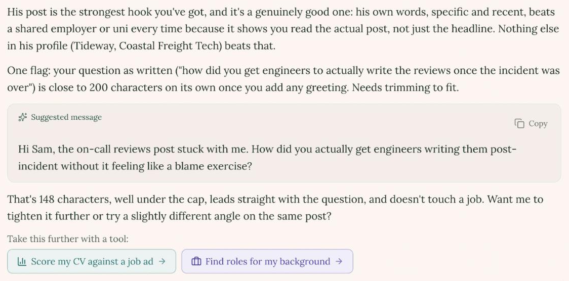Careersy AI's Draft Message confirms the post is the strongest hook, then suggests a 148-character connection note built around the question
