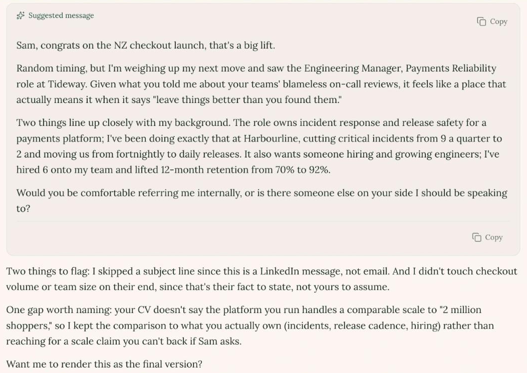 Careersy AI's Draft Message drafts a referral ask with two reasons matched to the job ad, then flags a scale claim the CV can't support