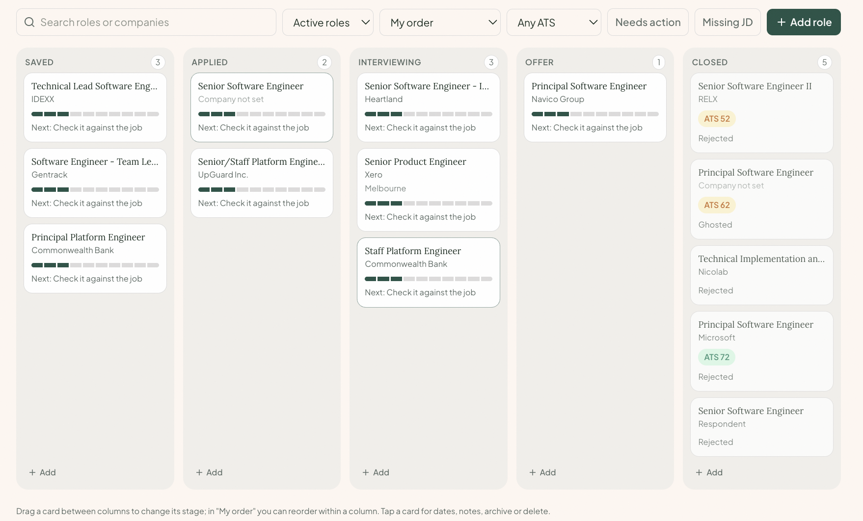 The board view: every role in columns from Saved to Closed, moved between stages
