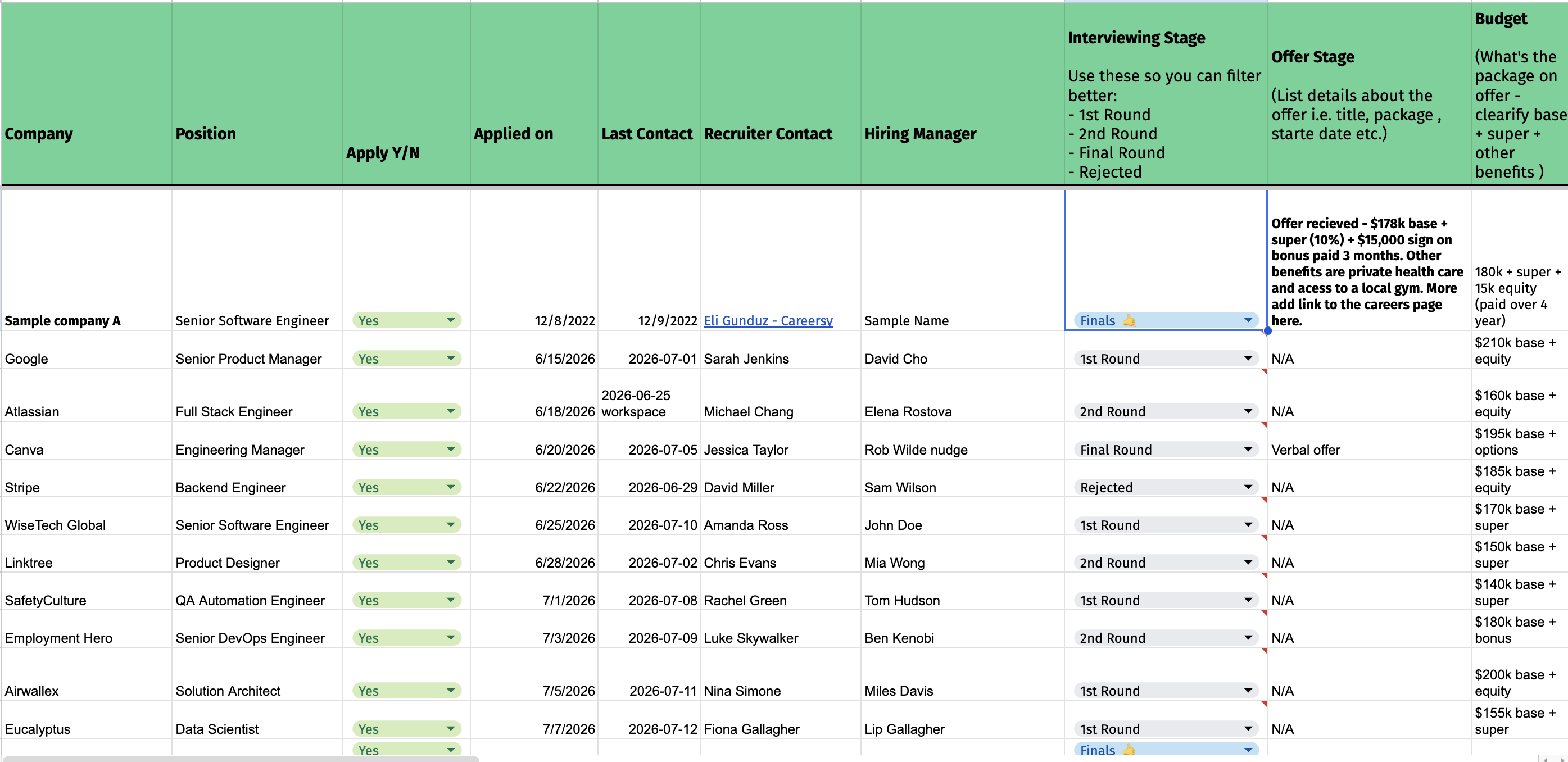 A real job-application tracking spreadsheet: dozens of columns for company, stage, recruiter, and offer, most of them empty