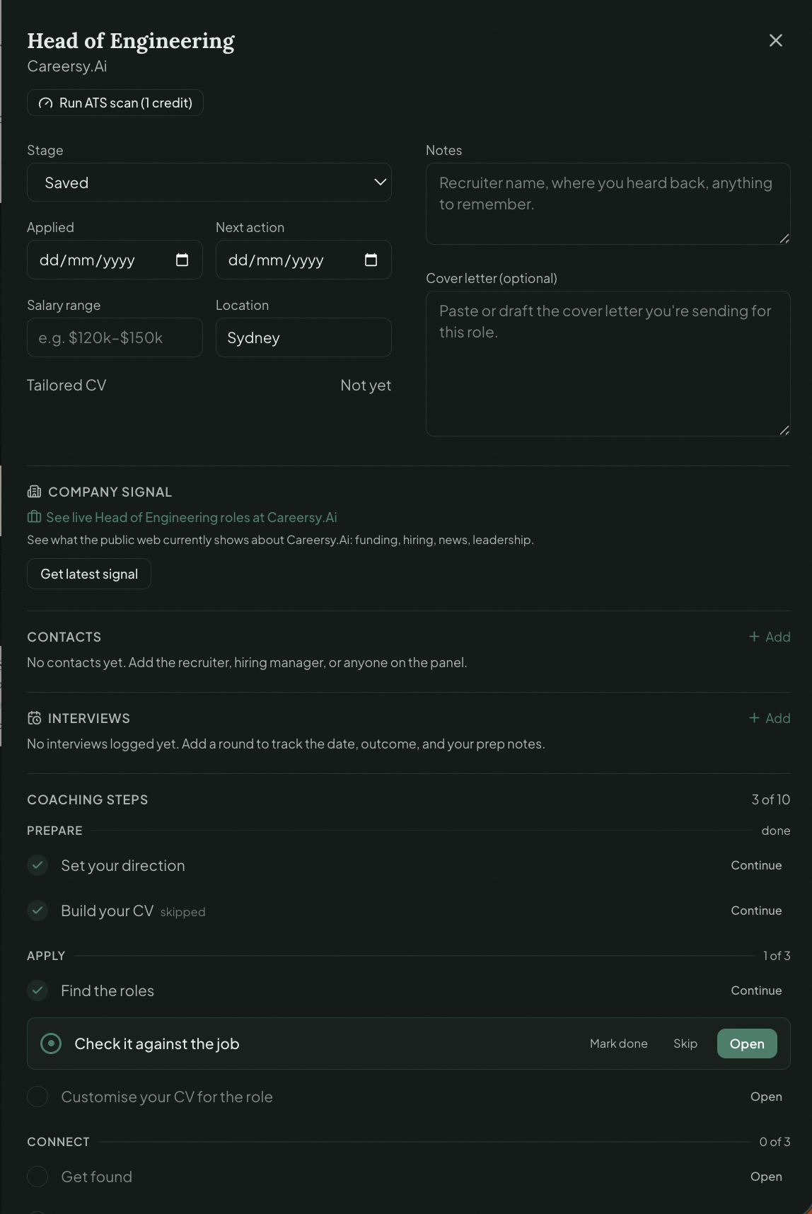 The role drawer: stage, applied date, next action, salary and location, notes, cover letter, company signal, contacts and interviews, all in one place