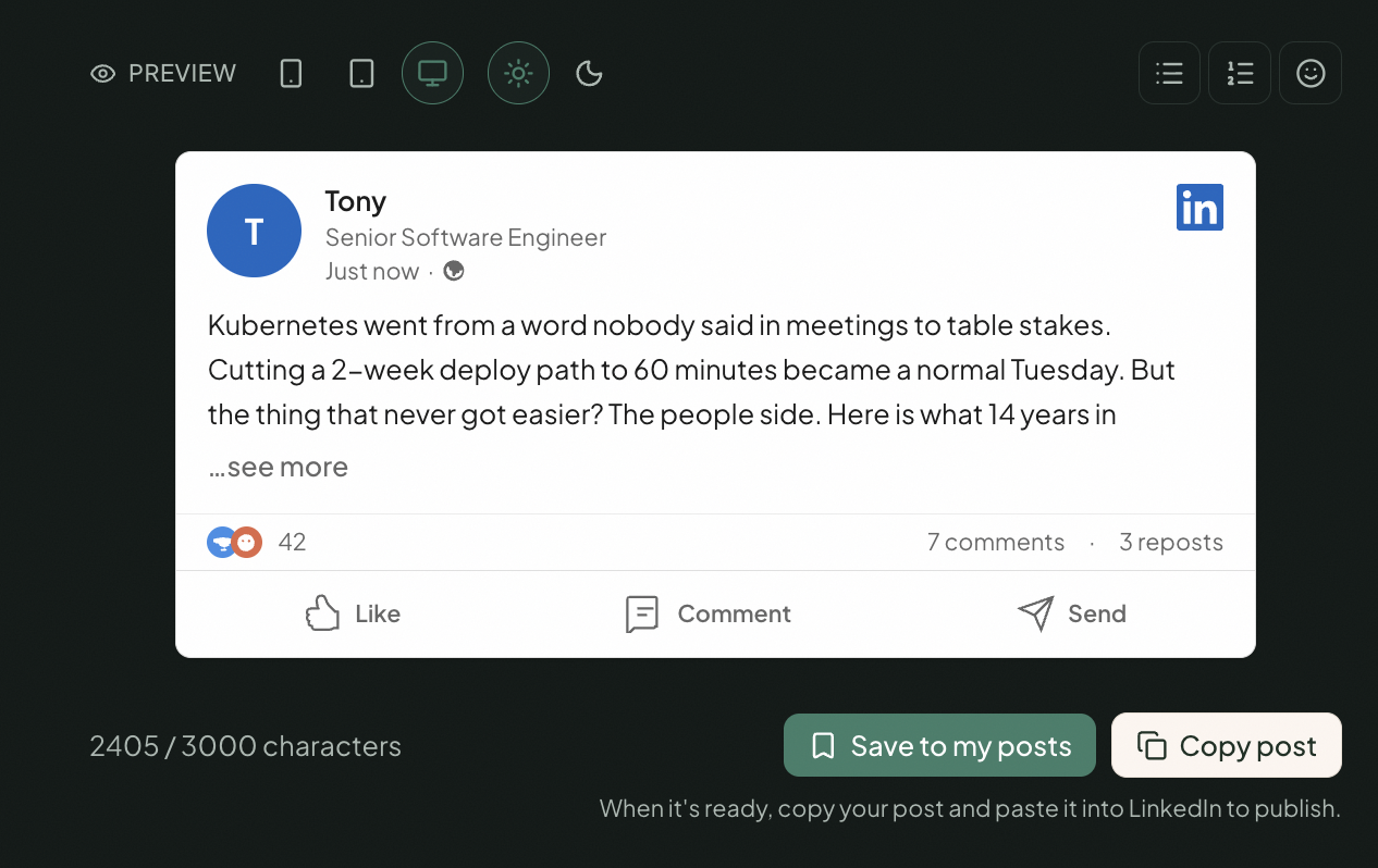 The real LinkedIn Post Canvas preview: live LinkedIn formatting, character count, and a Copy post button